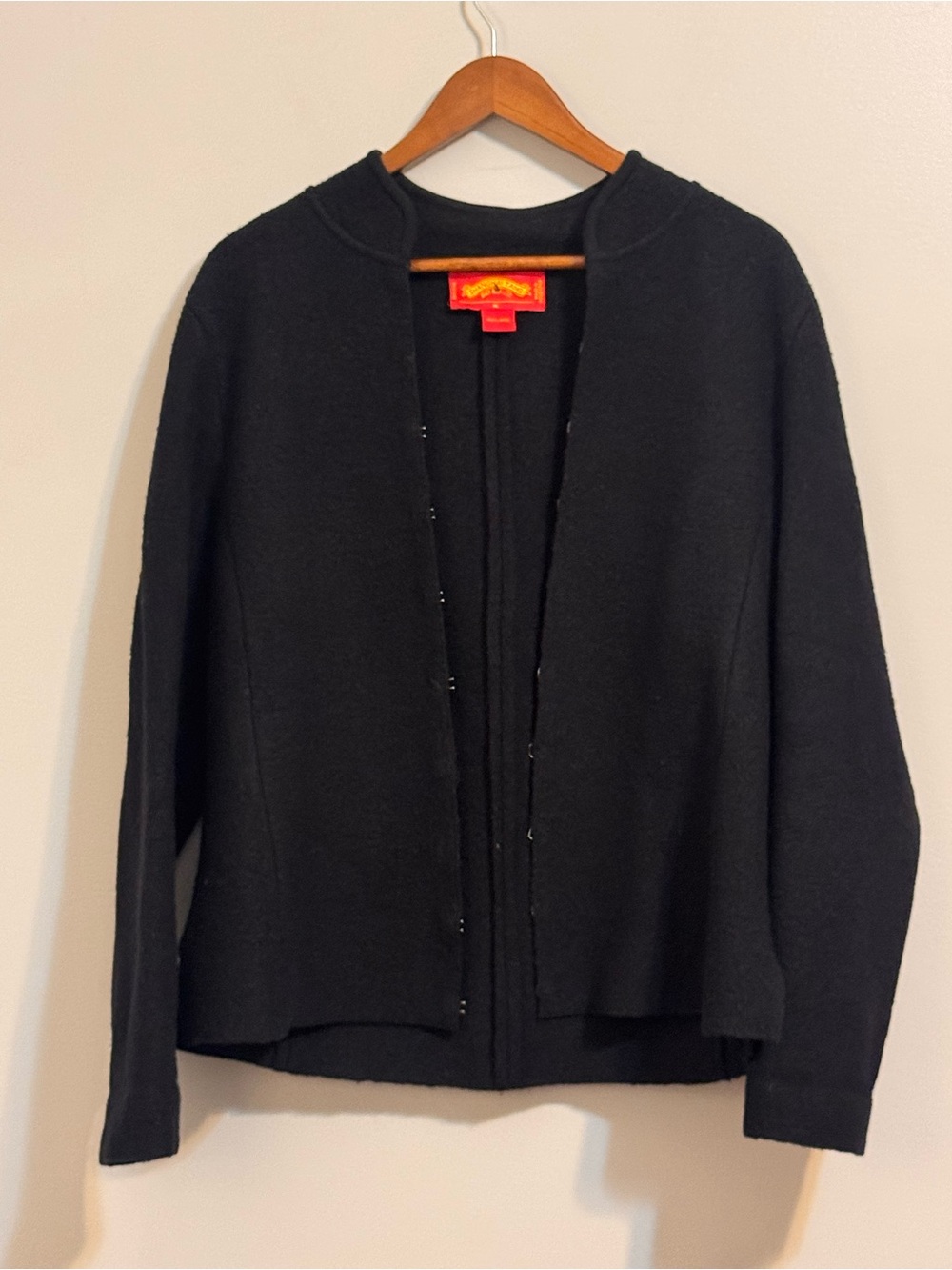 Shanghai Tang Black 100% Wool Hooded Hook & Eye Cardigan Jacket XL